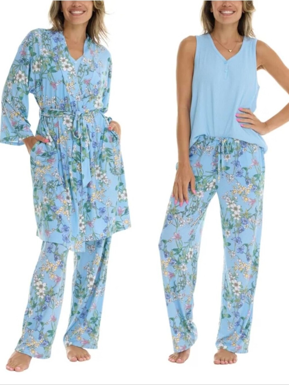 Flora Nikrooz Light Blue Floral 3-Piece Pajama Set with Robe